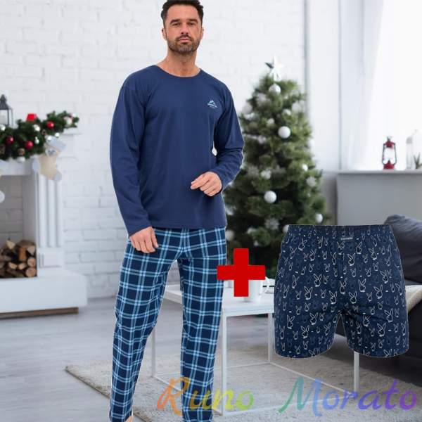 Піжама чоловіча Cornette (кофта + штани) бавовняна 124-314 р. 2XL Синій + Подарунок чоловічі труси Cornette Playboy